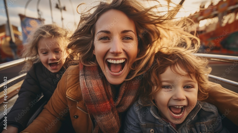 Mother and two children ride a roller coaster in an amusement park or ...