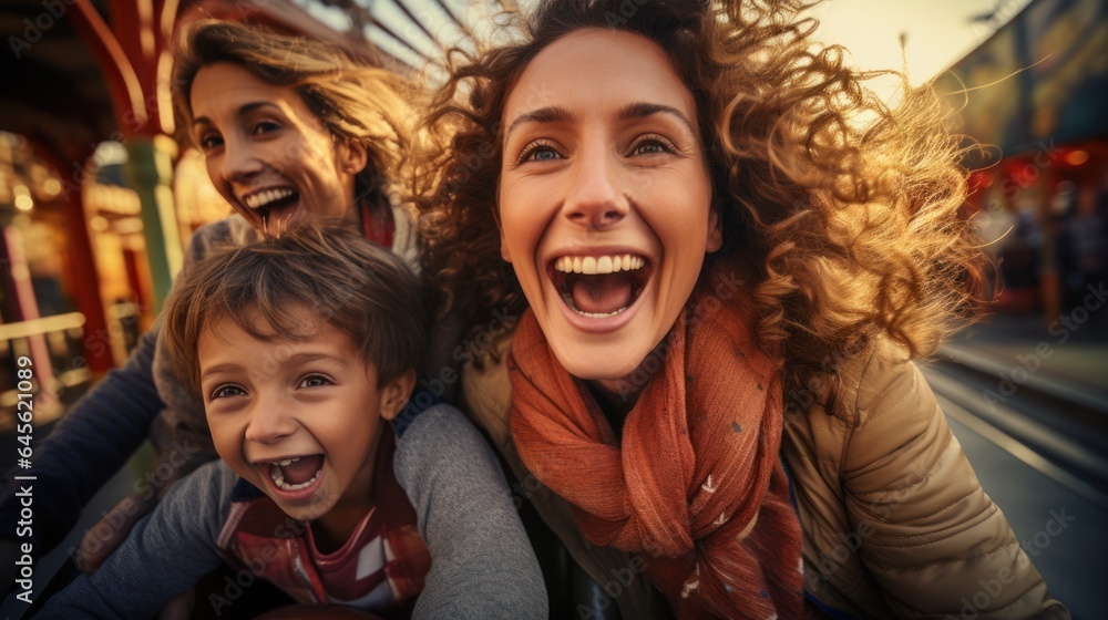 Mother and two children ride a roller coaster in an amusement park or state fair. Experience excitement, happiness, laughter.