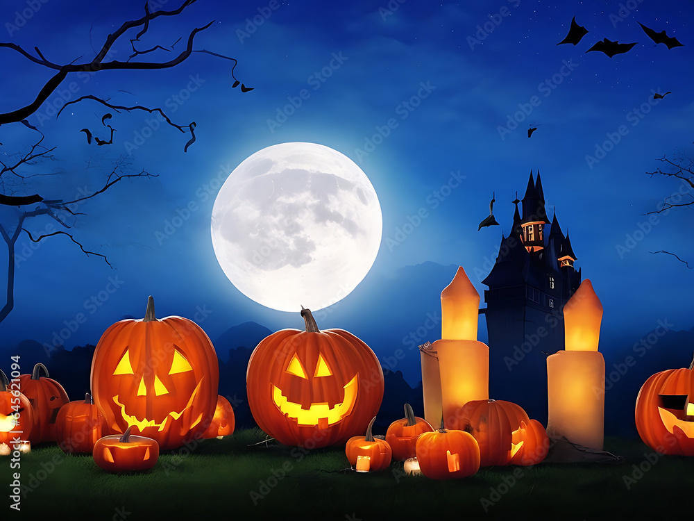 Fototapeta premium Halloween background with scary pumpkins candles AI Generated