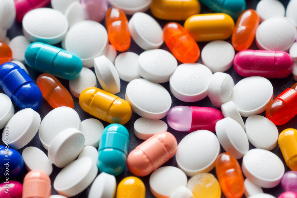 Close up of colorful pills and capsules filling the entire frame