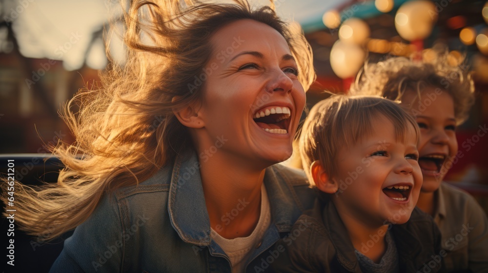 Mother and two children ride a roller coaster in an amusement park or state fair. Experience excitement, happiness, laughter. Mother and two children ride a roller coaster in an amusement park or state fair. Experience excitement, happiness, laughter.