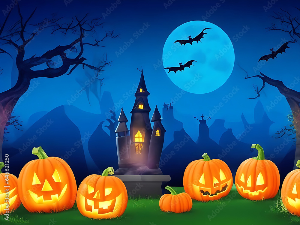 Fototapeta premium Halloween background with scary pumpkins candles AI Generated