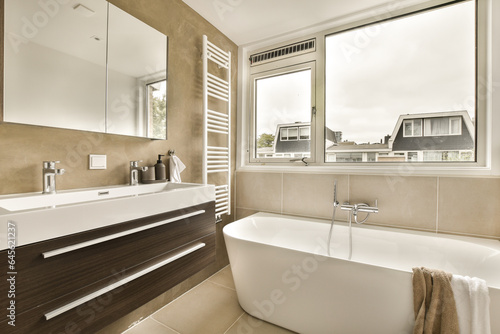 a bathroom with a bathtub  sink and mirror in the corner next to it is a window that looks out onto the street