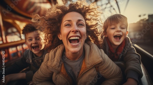 Mother and two children ride a roller coaster in an amusement park or state fair. Experience excitement, happiness, laughter. © sirisakboakaew