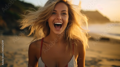 Summer beach portrait of excited blonde woman smiling broadly, © sirisakboakaew