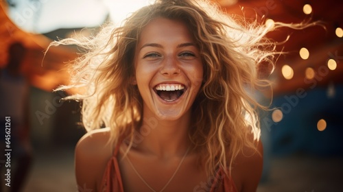 Summer beach portrait of excited blonde woman smiling broadly,
