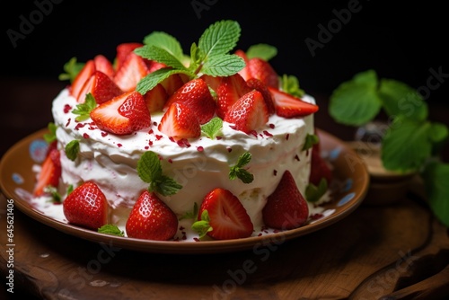 Strawberry cake with whipped cream and fresh strawberries  selective focus.Generative Ai