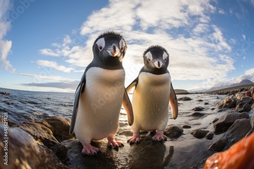 Two penguin standing on shore