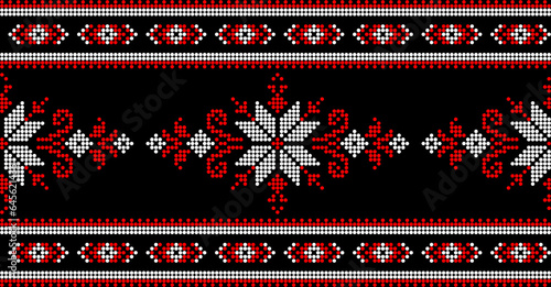 Vector illustration of Ukrainian ornament in ethnic style, identity, vyshyvanka, embroidery for print clothes, websites, banners. Background. Geometric design, border, copy space, frame