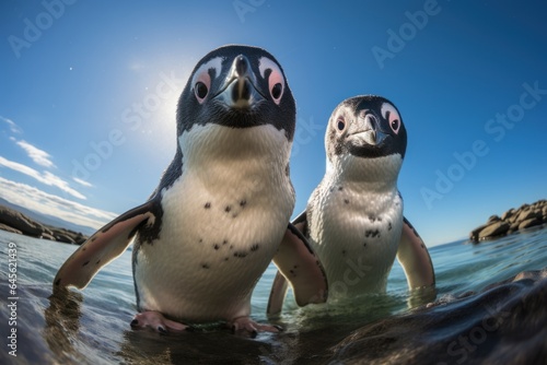 Two penguin standing on shore