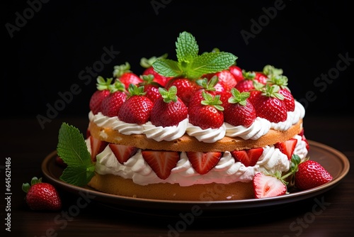 Strawberry cake with whipped cream and fresh strawberries  selective focus.Generative Ai