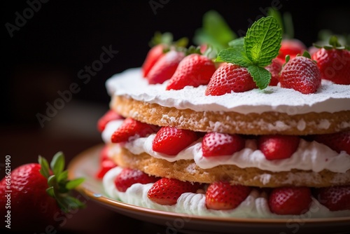 Strawberry cake with whipped cream and fresh strawberries, selective focus.Generative Ai