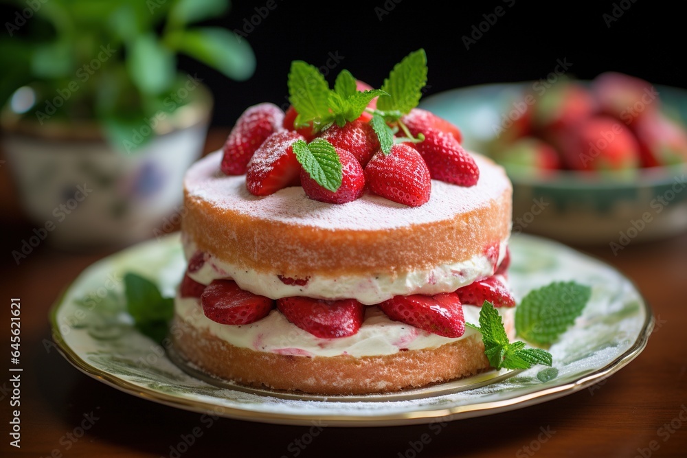 Strawberry cake with whipped cream and fresh strawberries, selective focus.Generative Ai