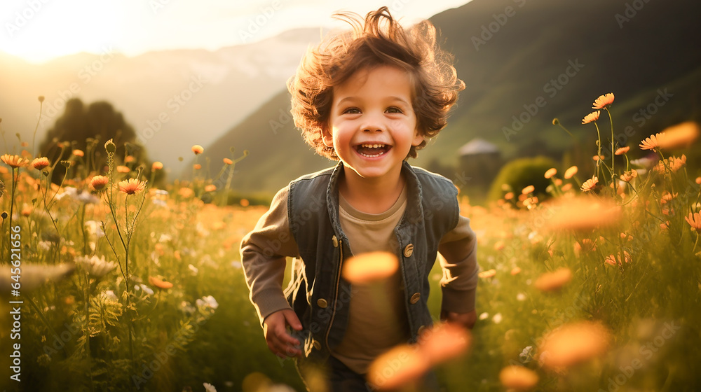 Ein Kind läuft im Blumenfeld KI - obrazy, fototapety, plakaty 