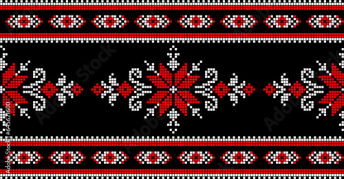 Vector illustration of Ukrainian ornament in ethnic style, identity, vyshyvanka, embroidery for print clothes, websites, banners. Background. Geometric design, border, copy space, frame