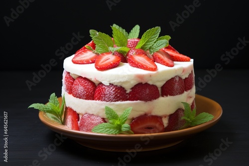 Strawberry cake with whipped cream and fresh strawberries, selective focus.Generative Ai