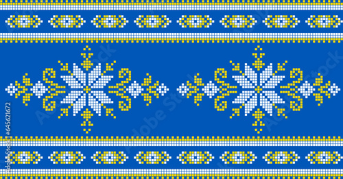 Vector illustration of Ukrainian ornament in ethnic style, identity, vyshyvanka, embroidery for print clothes, websites, banners. Background. Geometric design, border, copy space, frame