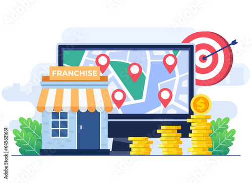 Franchising business branch expansion flat vector illustration concept, Small enterprise, company, shop, Service network, Retails store, suitable for ui, mobile apps, website banner, landing page