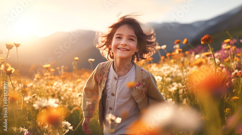Ein Kind läuft im Blumenfeld KI photo