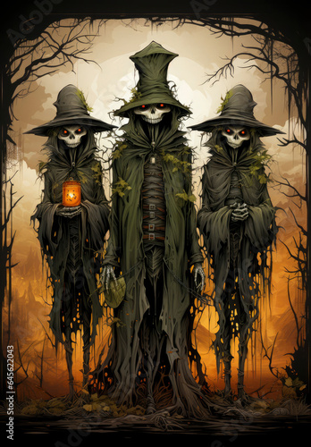 Front view of some spooky characters posing 