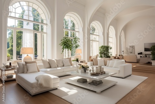 Zoom background  a futuristic penthouse living room with large round window 