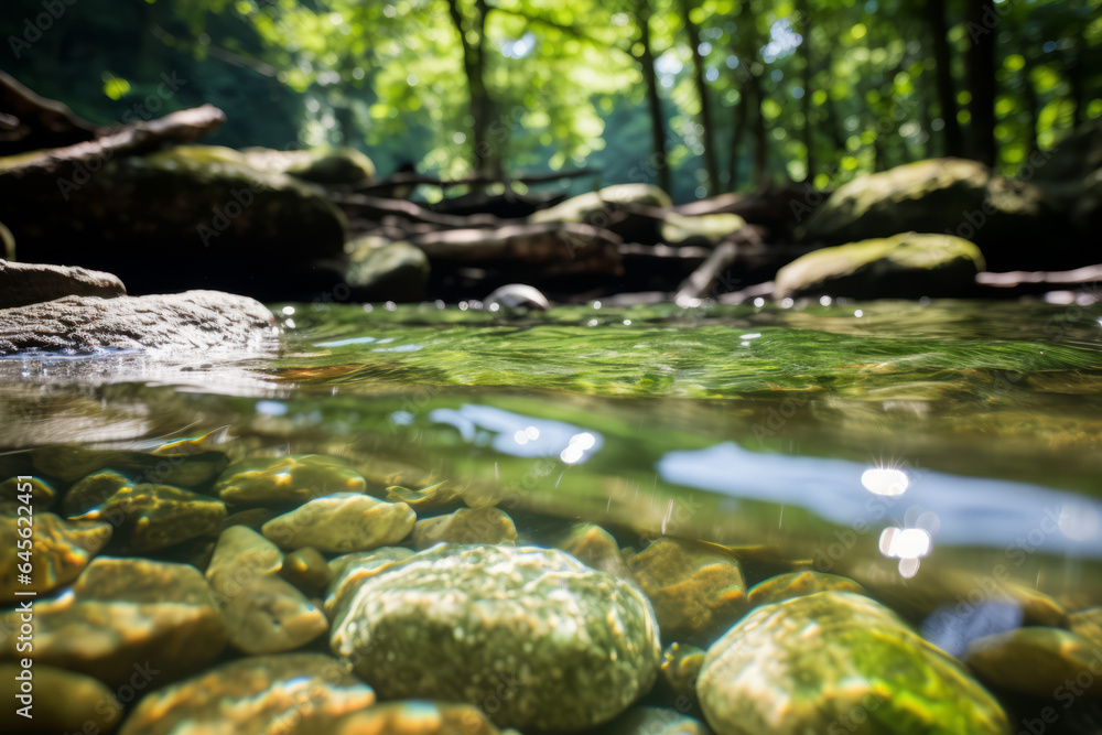 Clear Water Flowing over Stones in Shallow Rainforest Stream
