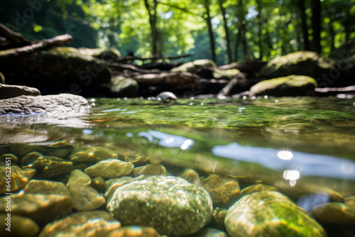 Clear Water Flowing over Stones in Shallow Rainforest Stream