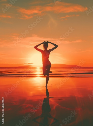 A woman practicing yoga on the beach as the sunsets in