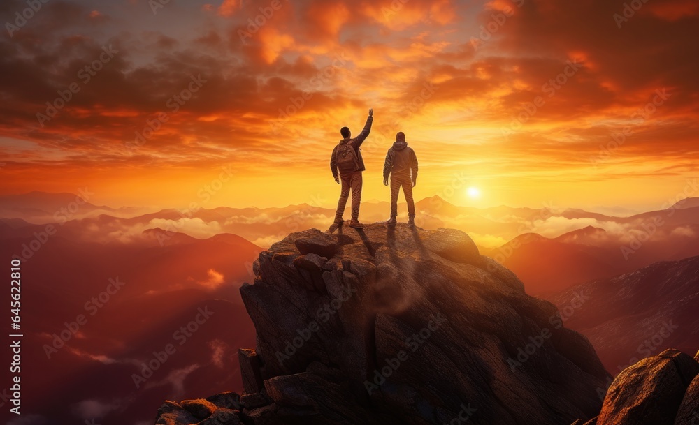 two people standing on top of a mountain together with