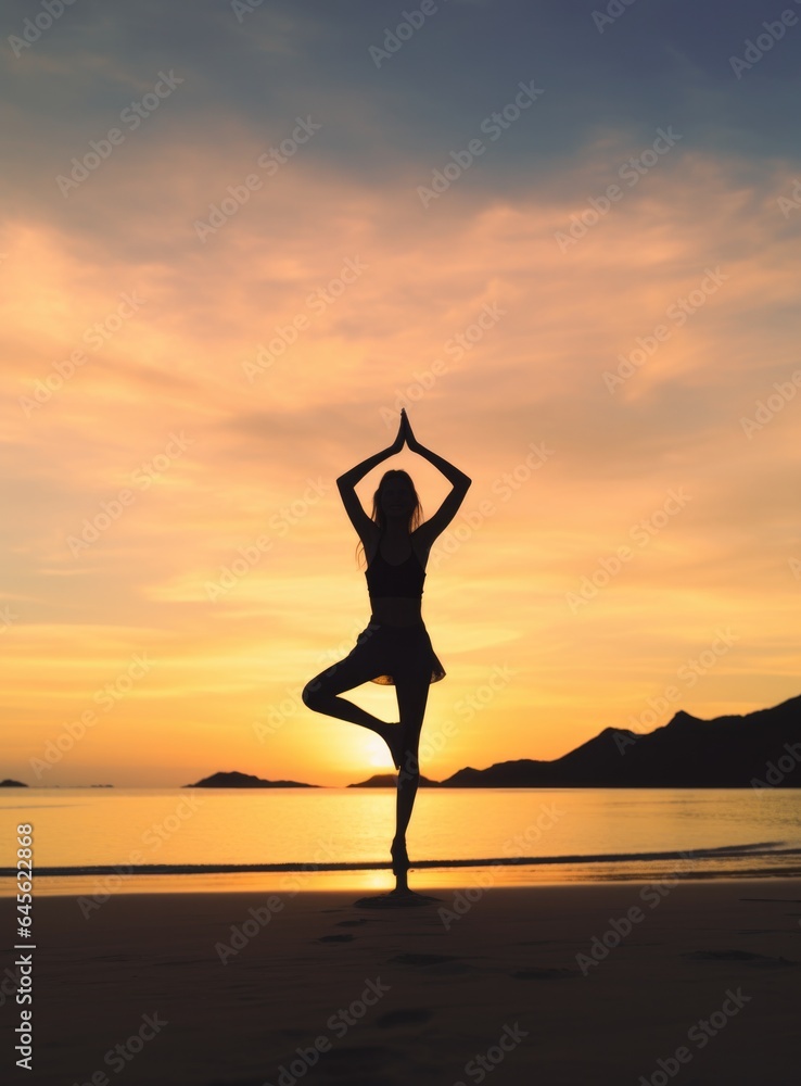 A woman practicing yoga on the beach as the sunsets in