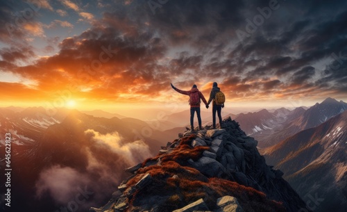two people standing on top of a mountain together with