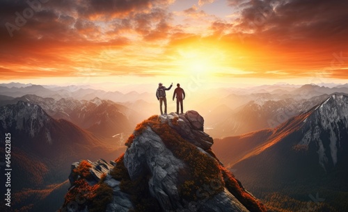 two people standing on top of a mountain together with