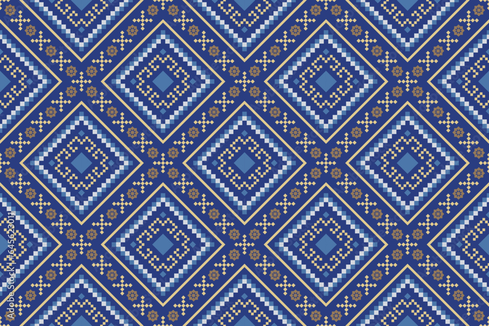 Indigo navy blue geometric traditional ethnic pattern Ikat seamless pattern border abstract design 