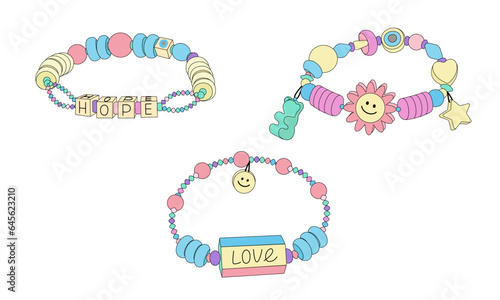 Set of funky bracelets in style of 90s. Flat vector illustration
