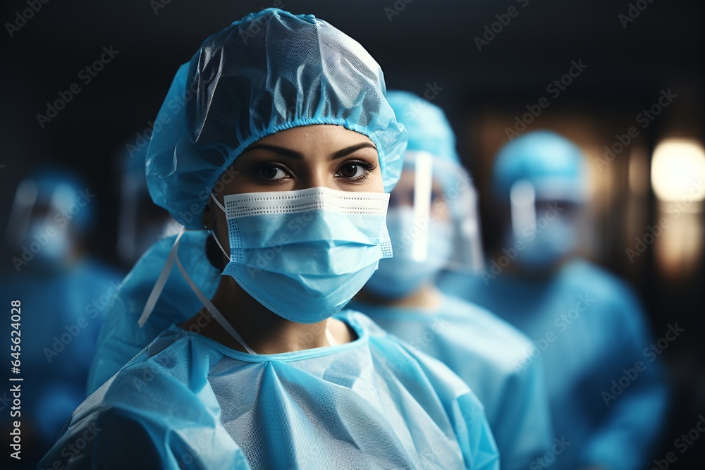 Portrait of a young female doctor wearing surgical mask and cap. Portrait of a young female doctor wearing surgical mask and cap.