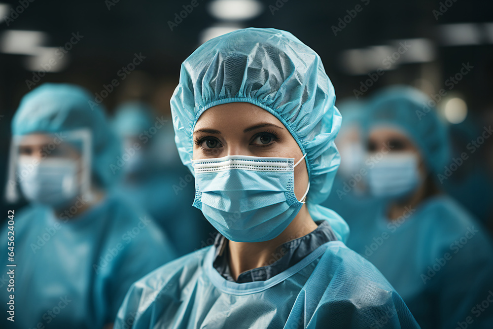 Portrait of a young female doctor wearing surgical mask and cap. Portrait of a young female doctor wearing surgical mask and cap.