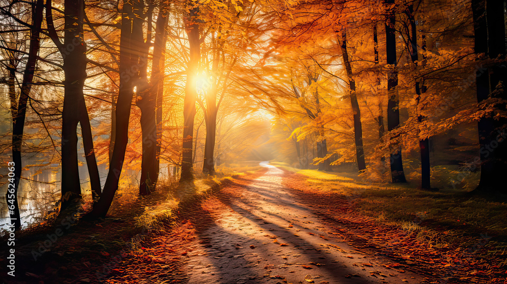 Sunlit forest path covered in autumn leaves. AI generative