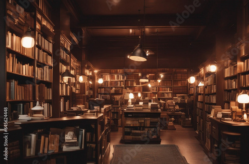 A charming bookstore with floor-to-ceiling shelves of books, vintage lamps, and cozy reading nooks