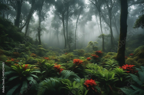 a colorful illustration of a cloud forest in Chingaza National Park with unique and diverse flora photo
