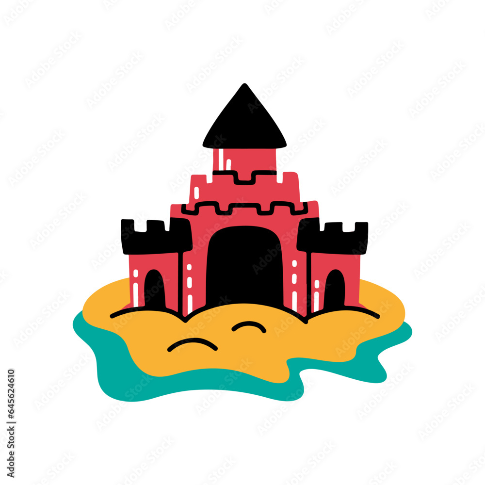 Sand Castle Flat Style Icon. Cartoon Vector Illustration