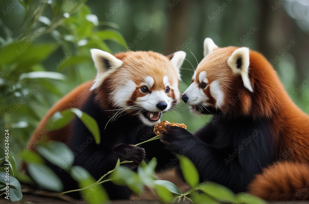 A pair of cute red pandas sharing a bamboo snack A pair of cute red pandas sharing a bamboo snack