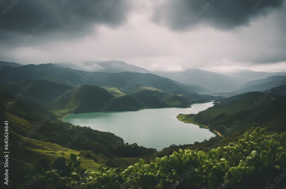 a serene illustration of the lake surrounded by misty mountains and deep green vegetation
