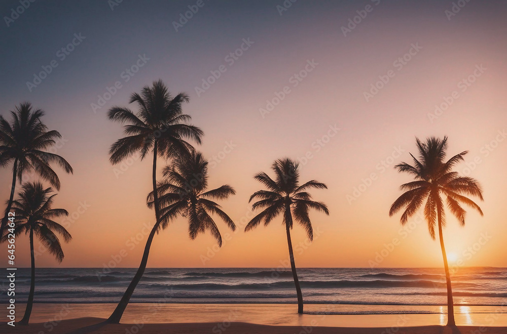 a serene beach at sunset featuring palm trees gentle waves, and a warm golden glow