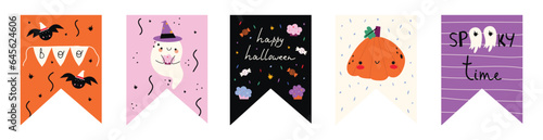 Funny  Hand Drawn Halloween Bunting Flags Vector Set. Hand Written Happy Halloween. Cute Ghost,Sweets Pumpkin, Black Bats and Hand Lettering.