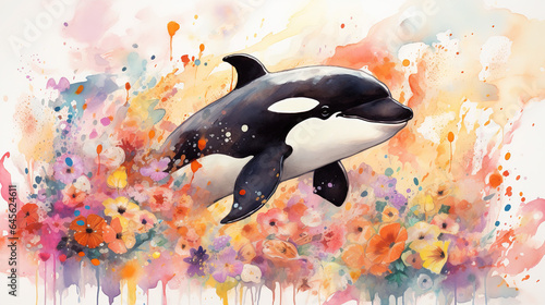 happy cutered Orca in flower blossom atmosphere golden pastel colorful oil paint abstract art