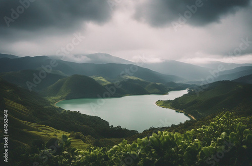 a serene illustration of the lake surrounded by misty mountains and deep green vegetation