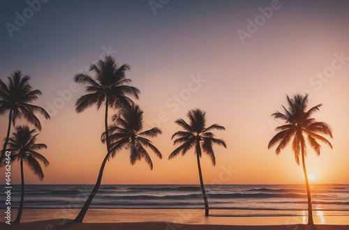 a serene beach at sunset featuring palm trees gentle waves  and a warm golden glow