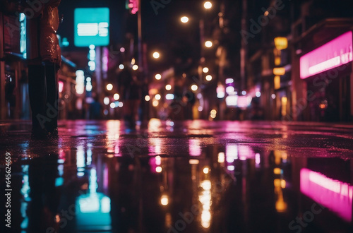 a stylish cityscape at night with vibrant neon lights and reflections on wet pavements