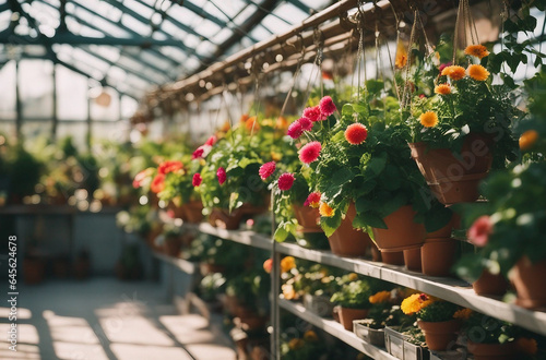 a sunlit greenhouse filled with lush plants hanging baskets, and colorful flowers