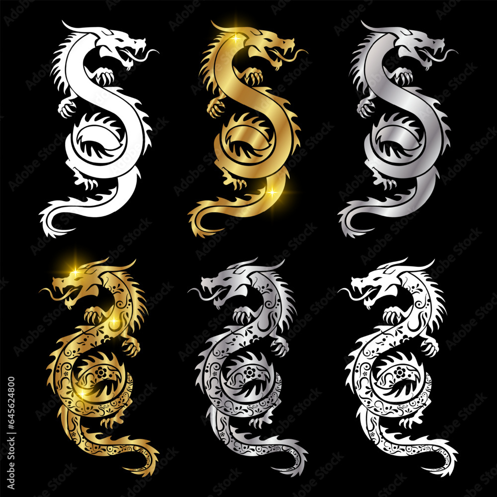 Obraz premium Dragon vector illustration design. Shiny dragon design vector. Gold and Metal dragon vector